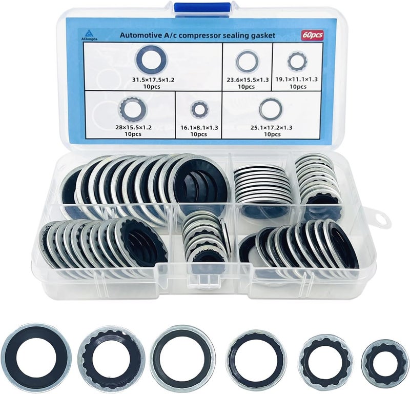 AClengda 60pcs automotive A/C system compressor gasket seal, Air Conditioner Compressor Port Seal Gasket Kit Bonded Gasket Seal Assortment Set (60 pcs) - Image 1